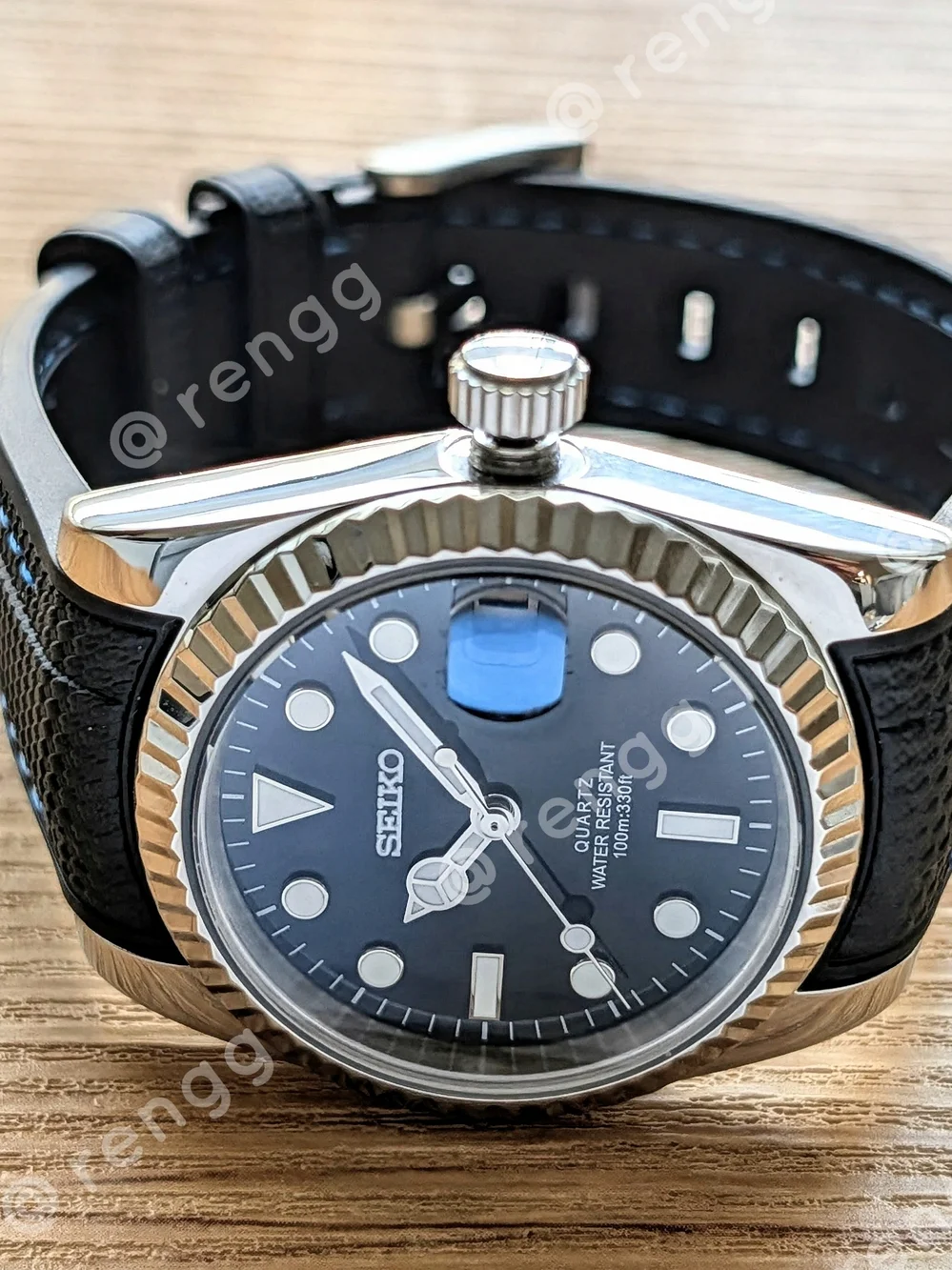 36mm Fluted Seiko Black Blue Mod Dress Watch Sapphire